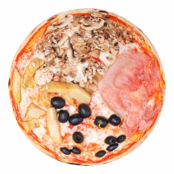 Italian Four Seasons Pizza (Pizza Quattro Stagioni) - isolated over a white background