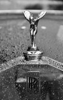 The Spirit of Ecstasy, Rolls-Royce mascot, black and white photography