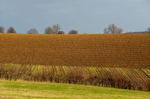 Plowed field in winter, England, UK