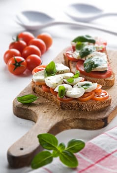 Tomato, mozzarella and basil sandwich close up