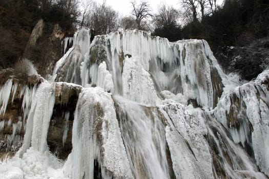 details of a waterfall in winter