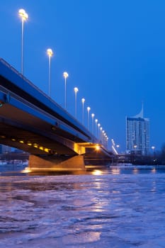 Vienna at night,Danube,icy water in winter