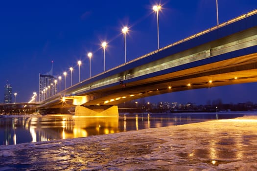 Vienna at night,Danube,icy water in winter