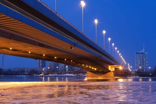 Vienna at night,Danube,icy water in winter