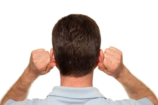 Caucasian man seen from the back self massaging both of his ears with his hands at the same time with reflexology in front of a white background.