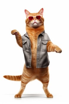 Cool ginger cat in a denim shirt and red sunglasses standing on a white background.