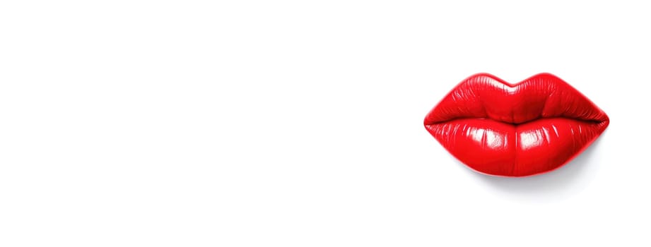 Banner of 3D realistic smiling glossy red lips on white. cosmetic, fashion, and romantic designs. Open mouth with teeth, lipstick promotion