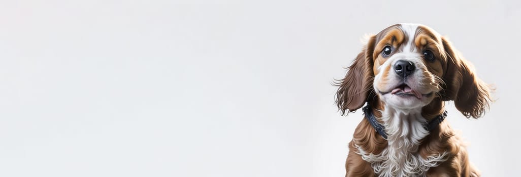 Banner of cute happy cocker spaniel puppy on white background. Space for text. Copy Space. Generative Ai