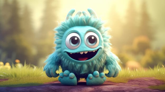 Cute Furry fluffy blue Monster, cartoon 3d, alien monster illustration, on spring background