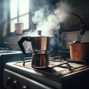 italian moka coffee maker over stove smoking steam and aroma as coffee is ready in the morning ai generative art