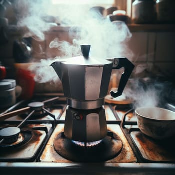 italian moka coffee maker over stove smoking steam and aroma as coffee is ready in the morning ai generative art