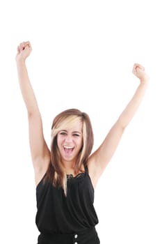 Success, winner business woman isolated. Funny image of celebrating happy young businesswoman with her arms up.