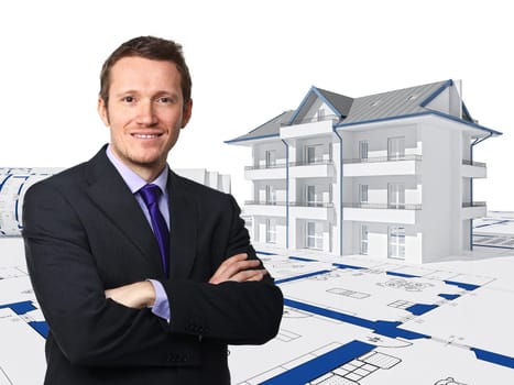 portrait of businessman and 3d house background