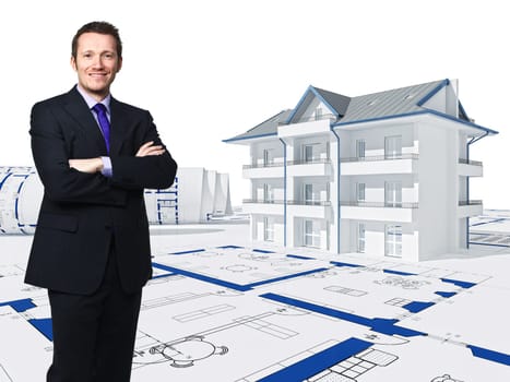 standing businessman and 3d house