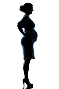 beautiful caucasian pregnant woman happy smiling profile in full length silhouette on studio isolated white background