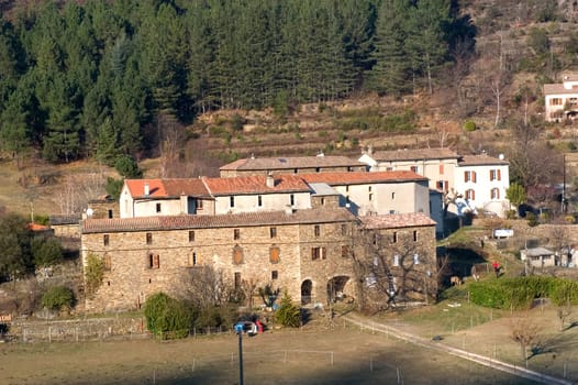 landscape of the Cevennes, detached houses in the mountain.