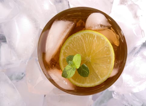 ice tea close up with ice from top