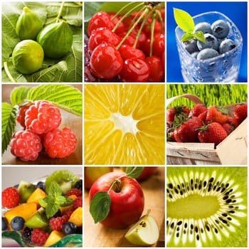 colorful healthy fruit collage made from nine photographs