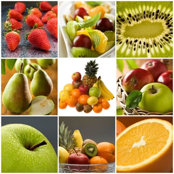 colorful healthy fruit collage made from nine photographs