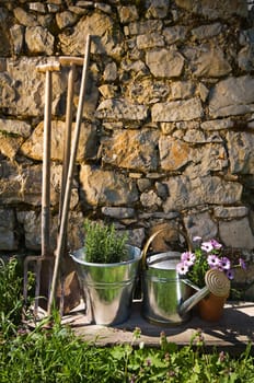 Gardening tools and flowers outdoor close up shoot
