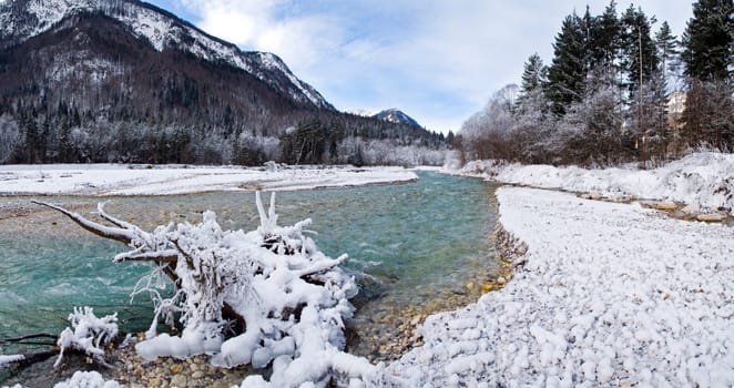 beautiful winter landscape with river panoramic shoot