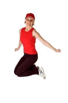 young women with cap jumping on white