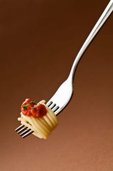 Spaghetti with tomato on fork close up shoot