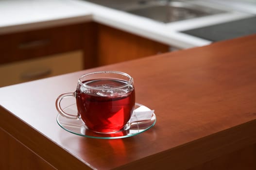 Cup of hot tea close up shoot in the kitchen