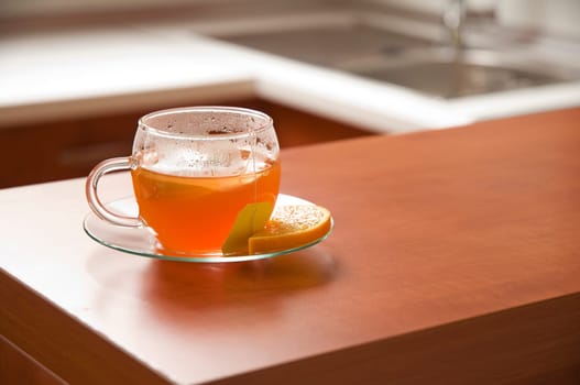 Cup of hot tea close up shoot in the kitchen