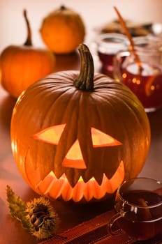 Halloween carved pumpkins indoor close up shoot