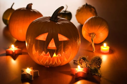 Halloween carved pumpkins indoor close up shoot