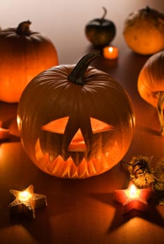 Halloween carved pumpkins indoor close up shoot