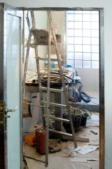 bathroom improvement repair with messy clutter and dust in tools