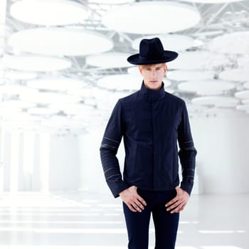 black far west modern fashion man with hat in modern indoor