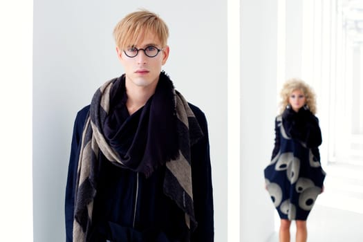 classic modern student man with fashion woman in modern white indoor
