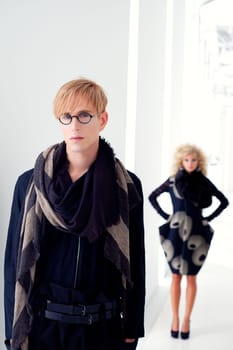 classic modern student man with fashion woman in modern white indoor