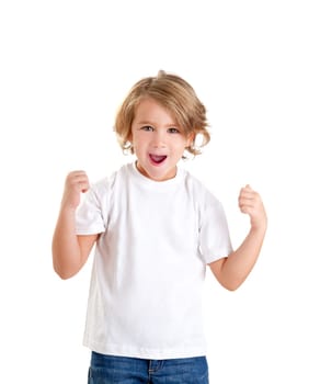 children excited kid with happy winner expression isolated on white