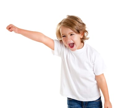 children kid screaming with happy expression hand up isolated on white