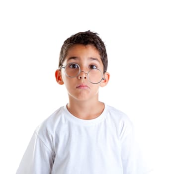 children nerd kid boy with glasses and silly expression isolated on white