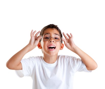 children nerd kid boy with glasses and happy expression isolated on white