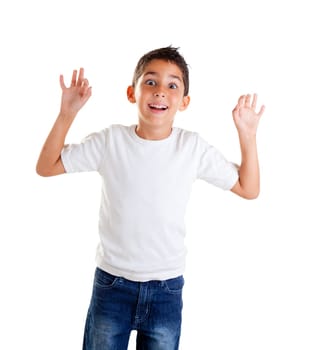 children with funny expression gesture open hand fingers isolated on white