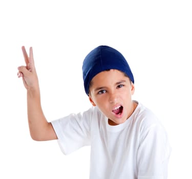 blue cap kid boy with victory hand gesture portrait isolated on white