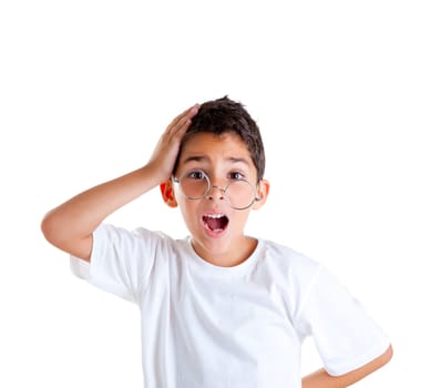 children nerd kid boy with glasses and silly expression isolated on white