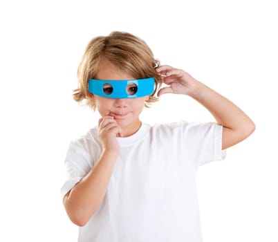 children kid with futuristic funny blue glasses happy on white background