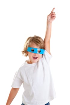 children kid with futuristic funny blue glasses happy on white background