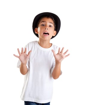 boy gesture with black hat isolated on white background
