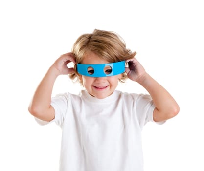 children kid with futuristic funny blue glasses happy on white background