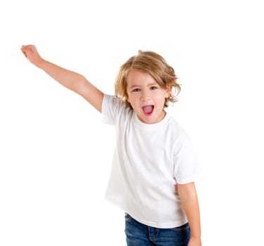 children kid screaming with happy expression hand up isolated on white