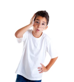 children nerd kid boy with glasses and silly expression isolated on white