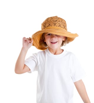 happy little kid girl with summer hat isolated on white